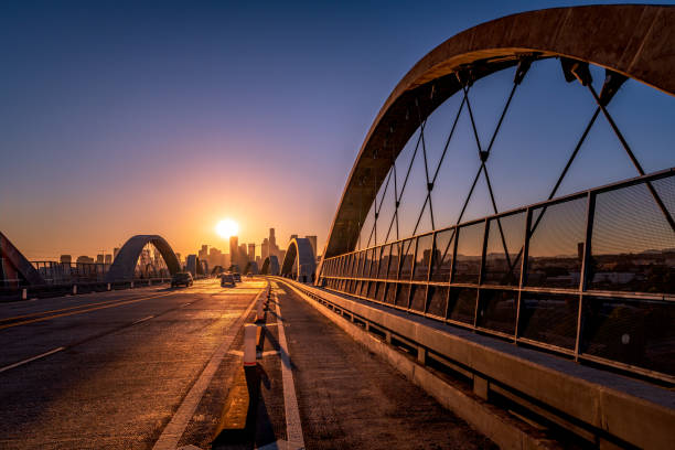 6th Street Bridge in Los Angeles, California The perfect sunset captured on LA's newly completed 6th Street Bridge sixth street bridge stock pictures, royalty-free photos & images