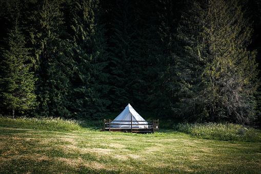 front view of secluded glamping camping tent with white cotton fabric on wooden deck in green meadow surrounded by fir tree forest