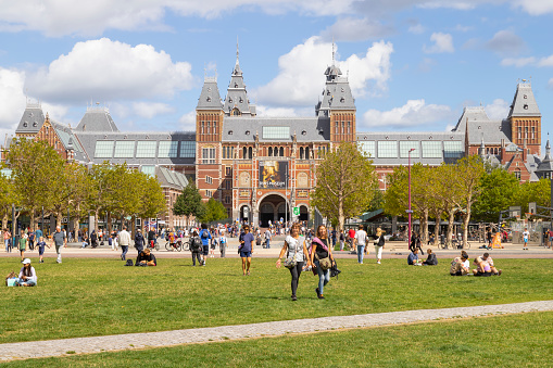 Amsterdam, Netherlands, August 28, 2022; Locals and tourists enjoy a sunny day at the museum square.