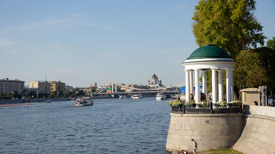 White rotunda on the bank of the Moskva River in Gorky Park