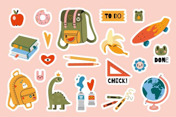 Set of  stickers for planner and diaries, vector flat illustration. Cute sticker pack with school stationery and art supplies, cartoon image and trendy lettering. Decorations for notebook, flat Set of  stickers for planner and diaries, vector flat illustration. Cute sticker pack with school stationery and art supplies, cartoon image and trendy lettering. Decorations for notebook, flat design. school supply clip art stock illustrations