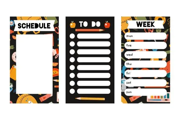 Vector illustration of Trendy editable weekly planner, schedule and to do list, school theme. Vector illustration, cartoon style. Templates for Instagram stories, bullet journal page. Backgrounds for social media.