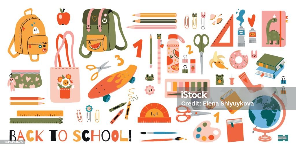 Cute School Stationery And Art Supplies Big Set Cartoon Style Kawaii  Accessories For Study Student Equipment Back To School Trendy Vector  Illustration Isolated On White Hand Drawn Flat Stock Illustration - Download