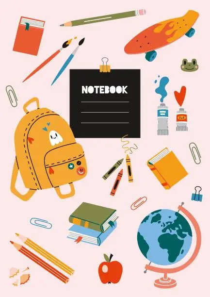 Vector illustration of Trendy cover design on a school theme, cartoon style vector illustration.  Cool design with student stationery and art supplies. For notebooks, planners, brochures, books, catalogs