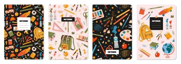 Vector illustration of Trendy covers set on a school theme, cartoon style vector illustration.  Cool design with seamless patterns, student stationery and art supplies. For notebooks, planners, brochures, books, catalogs