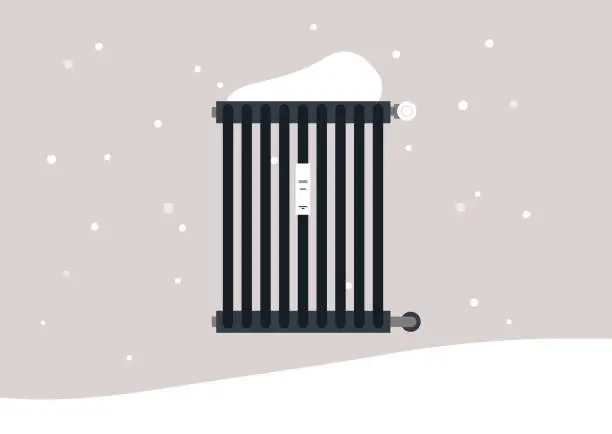 Vector illustration of A heater covered with snow, european winter energy crisis, cold radiators at home