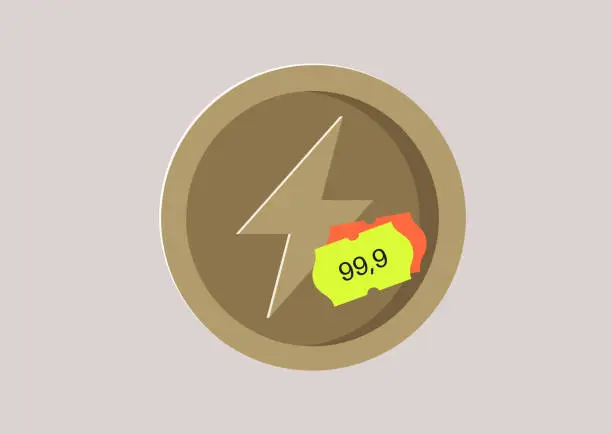 Vector illustration of A metal electricity token with neon sticker price tags placed one on another, European winter season energy crisis