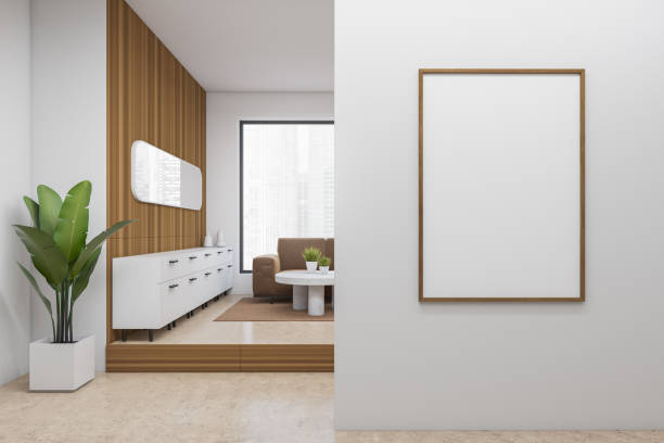 istock Stylish relax interior with couch and drawer, panoramic window. Mockup frame 1419400569