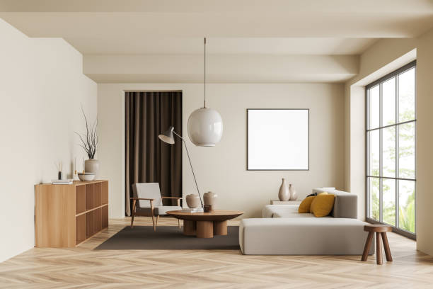 istock Light chill interior with chair and couch, shelf and panoramic window. Mockup frame 1419400759