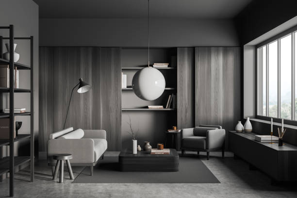 istock Grey lounge interior with couch and chair, decoration and panoramic window 1419400880