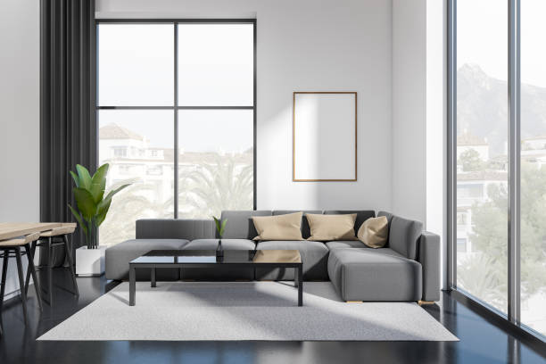 istock Relax interior with couch and bar countertop, panoramic window and mockup frame 1419400927