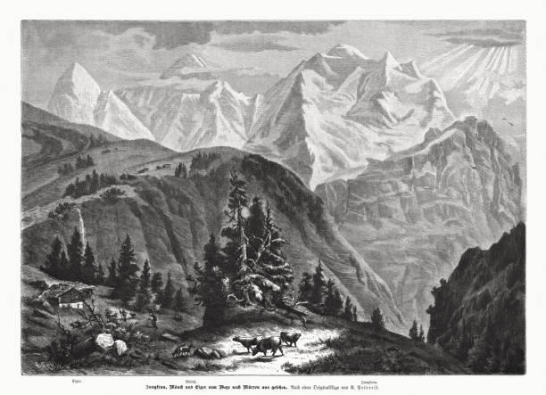 ユングフラウ、メンヒ、アイガー、スイス、木版画、1885年出版 - european alps jungfrau switzerland mountain点のイラスト素材／クリップアート素材／マンガ素材／アイコン素材