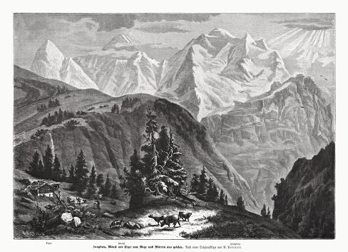 Historical view of Jungfrau, Mönch and Eiger seen from the way to Mürren, Bernese Alps, Switzerland. Wood engraving after a drawing by R. Petereit, published in 1885.