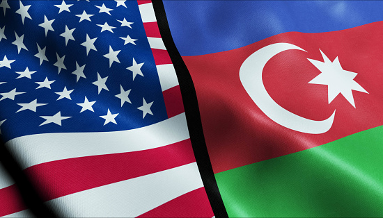 3D Waving United States of America and Azerbaijan Merged Flag Closeup View