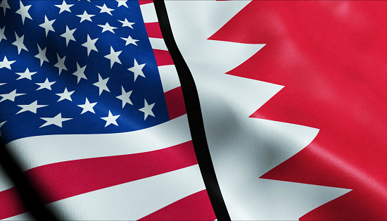 3D Waving United States of America and Bahrain Merged Flag Closeup View