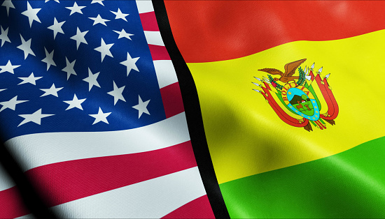 3D Waving United States of America and Bolivia Merged Flag Closeup View