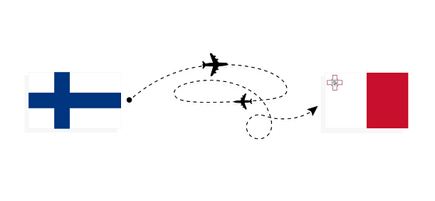 Flight and travel from Finland to Malta by passenger airplane. Airplane route and country flags. Travel concept