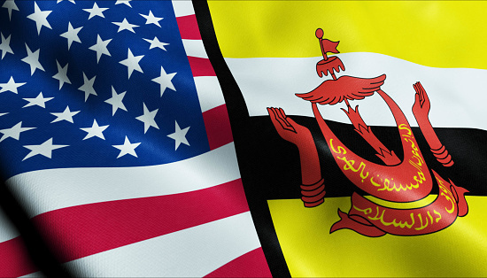 3D Waving United States of America and Brunei Merged Flag Closeup View