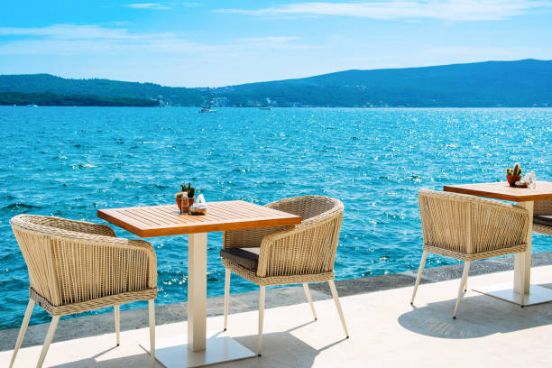 Restaurant in Porto Montenegro marina with a beautiful view to the Boka Bay stock photo