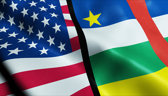 3D Waving United States of America and Central African Merged Flag Closeup View