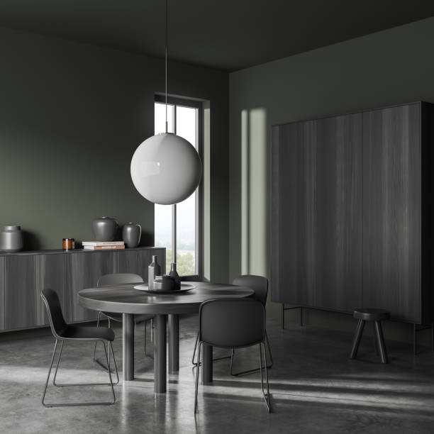 istock Green meeting interior with seats and table, cabinet and panoramic window 1419402222