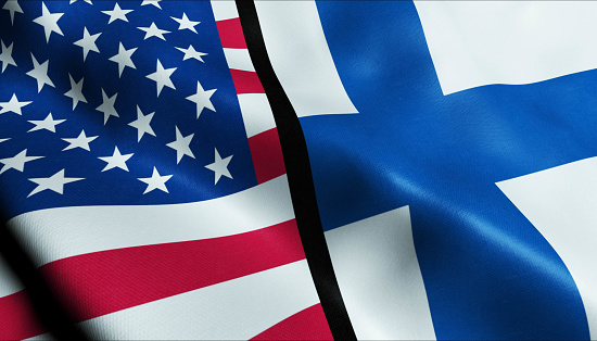 3D Waving United States of America and Finland Merged Flag Closeup View