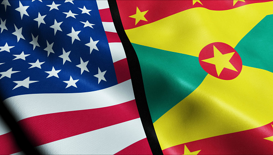 3D Waving United States of America and Grenada Merged Flag Closeup View