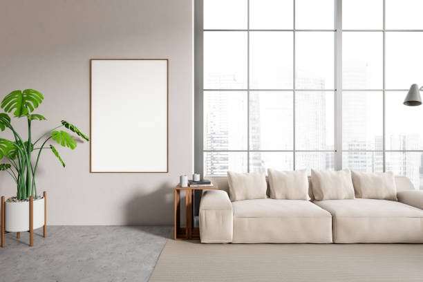 istock Front view on bright living room interior with empty poster 1419402424