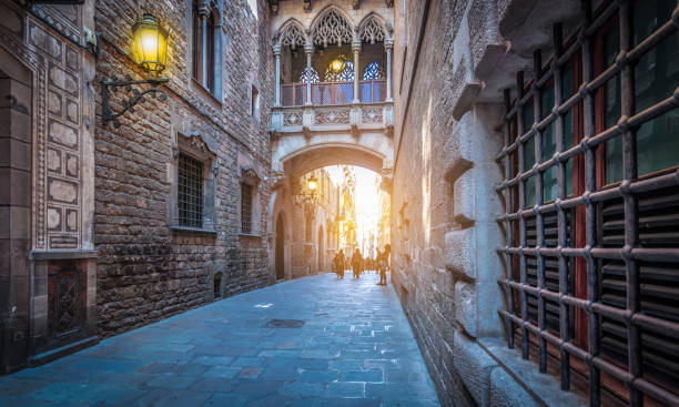 스페인 바르셀로나의 황혼에 고딕 지구 (gothic quarter)에서 인기있는 다리가있는 좁은 거리. - barcelona city night street 뉴스 사진 이미지