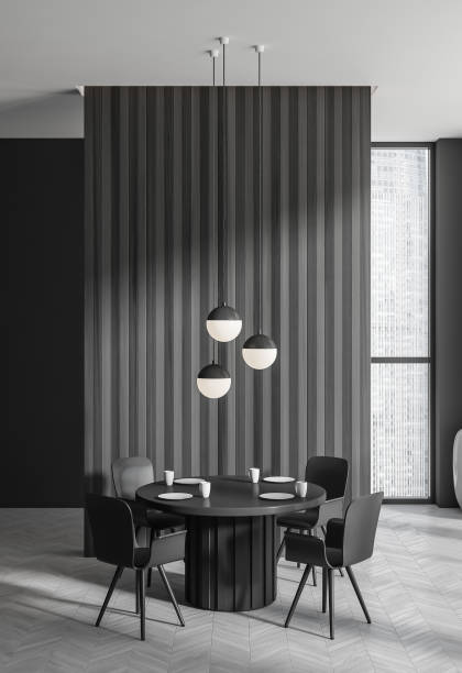 istock Grey eating room interior with table and chairs, panoramic window 1419402683