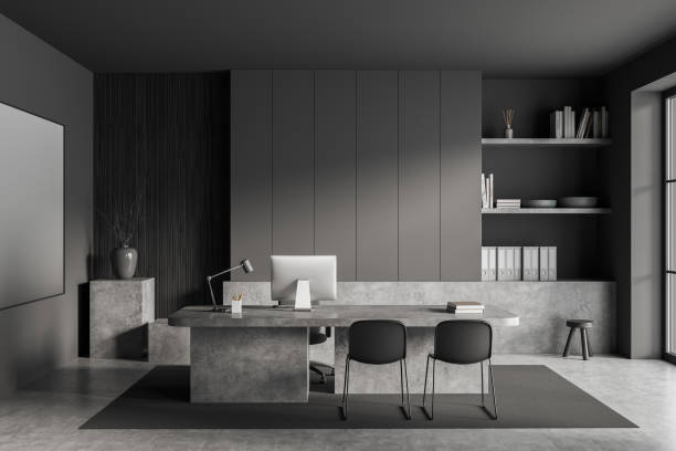 istock Grey office room interior with desk, shelf and pc computer. Mockup frame 1419402788