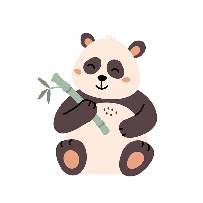Cute panda eat bamboo leaf. Flat cartoon style. Asian rainforest adorable bear isolated design element. Jungle wildlife, zoo lazy animal. Wild mammal cartoon character smiling