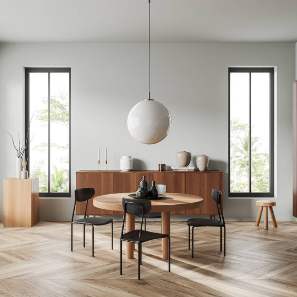 istock Light meeting interior with seats and table, drawer and panoramic window 1419403867