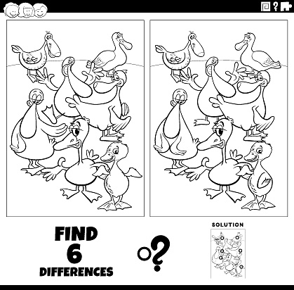 differences game with cartoon ducks coloring page