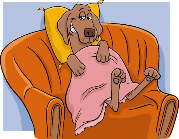 Vector illustration of cartoon dog comic animal character resting on a sofa