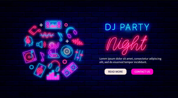 DJ party night neon flyer. Website landing page template. Glowing greeting card. Vector stock illustration DJ party night neon flyer. Website landing page template. Glowing greeting card. Circle layout with music icons. Light advertising. Night club promotion. Vector stock illustration neon music notes stock illustrations