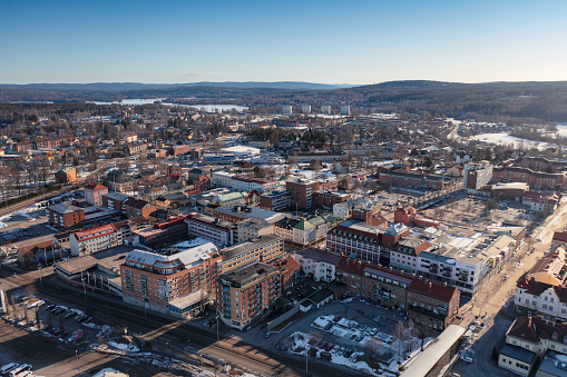 Aerial view of the town Ludvika in the Dalarna region of Sweden in winter.