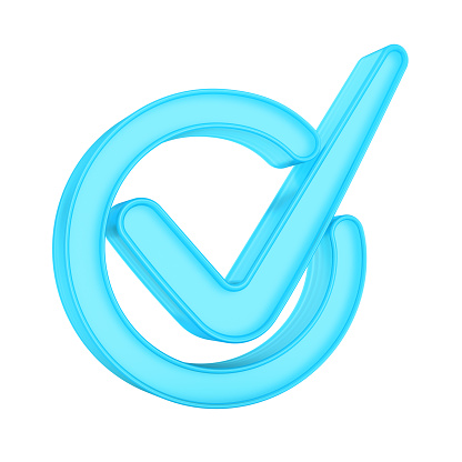 Blue jelly check mark. Check mark in circle isolated on the white background. Checked or approve icon or correct choice sign. Vote concept.
