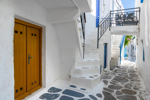 White houses and narrow streets of Mykonos island.