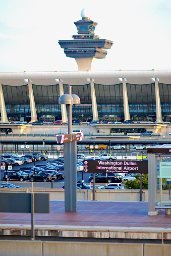 Sterling, Virginia, USA - August 28, 2022: The Washington Metropolitan Area Transit Authority’s (WMATA) Metro Silver Line station at Washington Dulles International Airport sits unused on a hot summer evening.