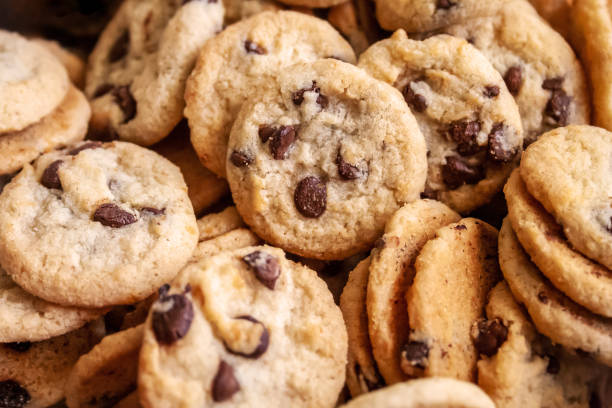 gruppo di biscotti con gocce di cioccolato sullo sfondo - cookie foto e immagini stock