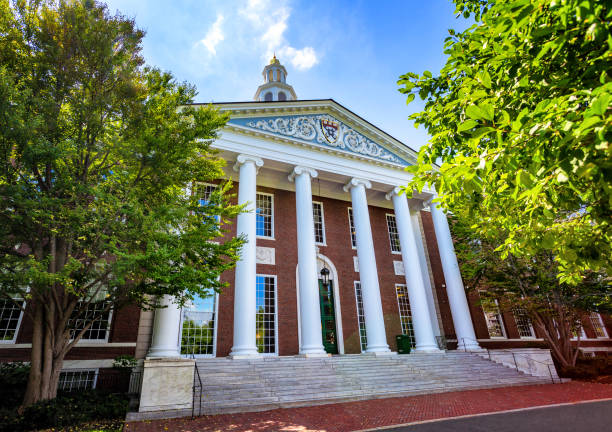 Boston, Massachusetts, USA - August 28, 2022: Baker Library on the Harvard Business School (HBS) campus. Dedicated in 1927 and named for George F. Baker, the benefactor who funded HBS's original campus. It is the largest business library in the world.