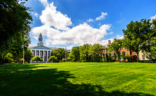 Boston, Massachusetts, USA - August 28, 2022: Baker Library on the Harvard Business School (HBS) campus. Dedicated in 1927 and named for George F. Baker, the benefactor who funded HBS's original campus. It is the largest business library in the world.