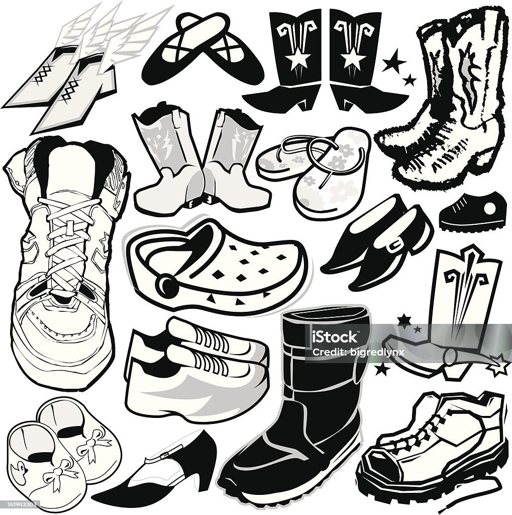 Various Footwear Styles of Mens, Womens and Childrens Shoes Line art of various shoes and boots. Cowboy Boot stock vector