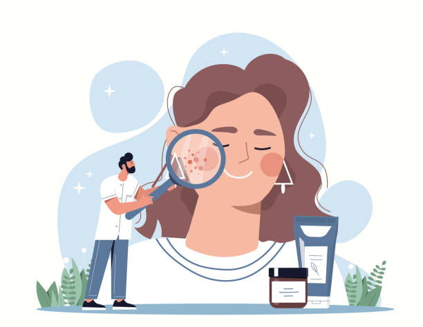 Dermatologist doctor concept Dermatologist doctor concept. Man with magnifying glass evaluates skin condition of young girl. Natural and organic products, beauty, youth and health metaphor. Cartoon flat vector illustration dermatologist stock illustrations