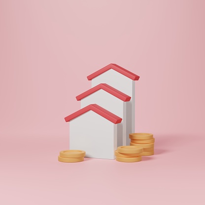 House and stacking coins on pink background. Real estate asset financial budget or business investment, Money saving for buying home, property rental mortgage loan planning concept. 3d rendering