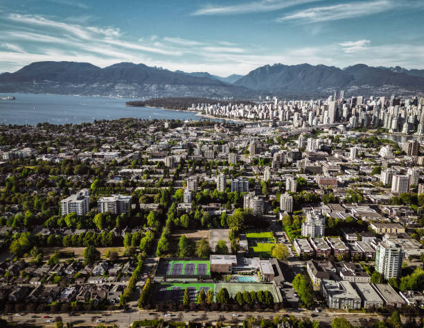 Drone DJI Mini 3 Pro English bay Vancouver kitsilano skyline cargo ships Vancouver Downtown skyline Burrard street summer Vancouver British Columbia