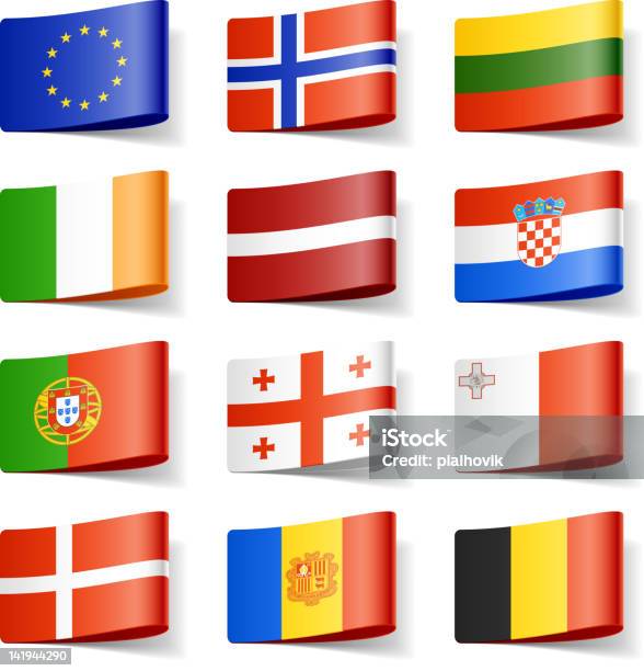 Двенадцать Европейский Мира Флаги На Белом Фоне — стоковая векторная графика и другие изображения на тему Флаг - Флаг, Португалия, Андорра