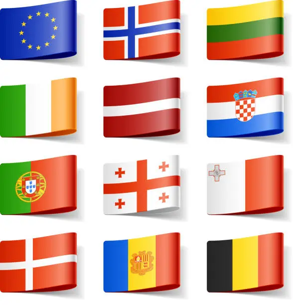 Vector illustration of Twelve European world flags on a white background