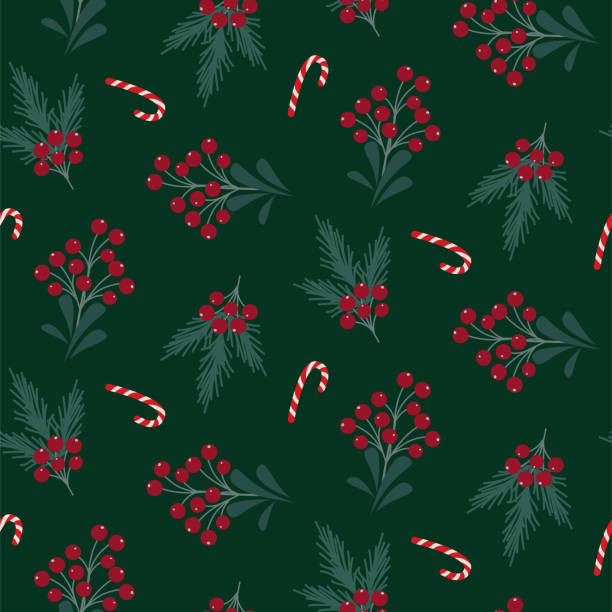 illustrations, cliparts, dessins animés et icônes de branches d’arbre de noël et baies sans couture motif. vacances d’hiver conception de papier d’emballage vert - poinsettia christmas christmas ornament backgrounds